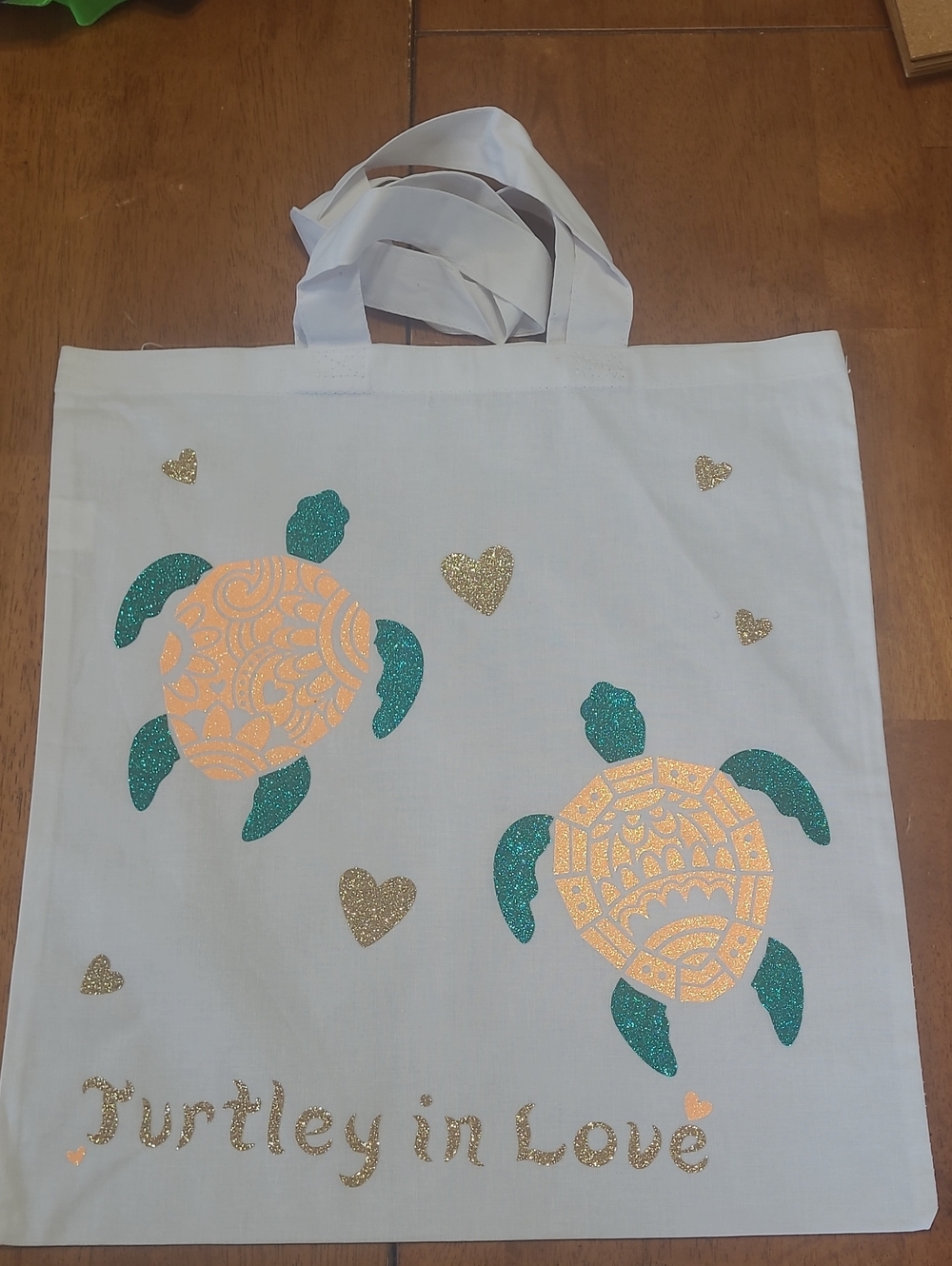 Turtley in Love White Tote Bag with Glitter Turtle Design